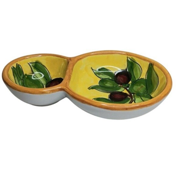 Olive Dish Two Section Yellow Handpainted Olives Leaves Branches Made In Italy - Picture 2 of 7